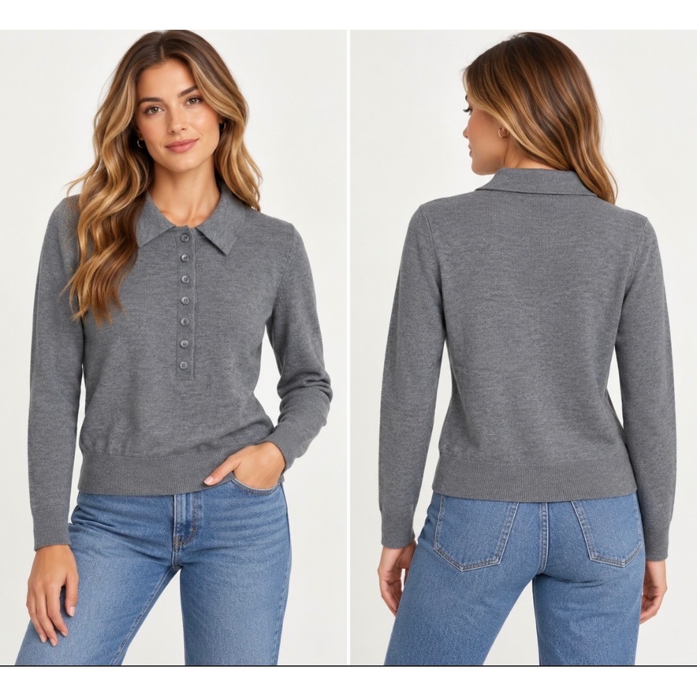 Zara Gray Marl Knit Wool Blend Polo Sweater S Long Sleeve Collared Lightweight